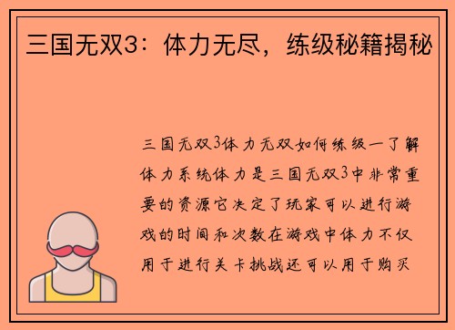 三国无双3：体力无尽，练级秘籍揭秘